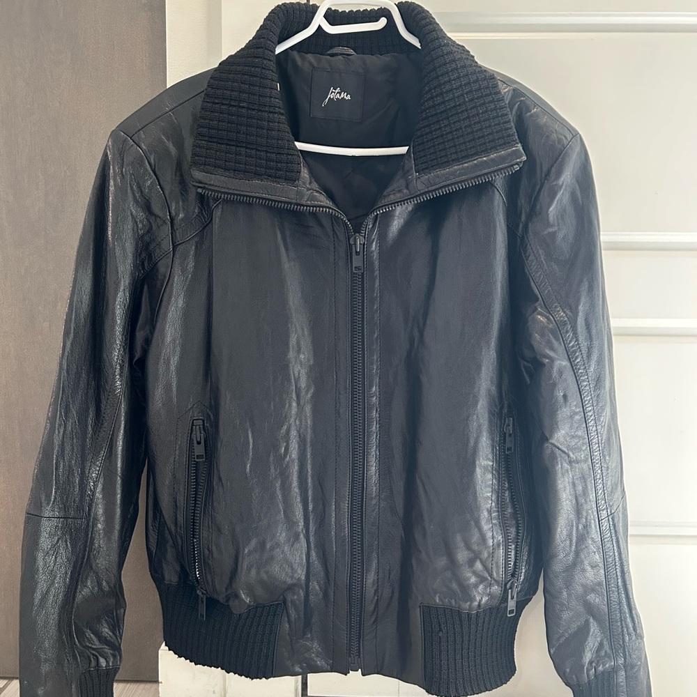 Black Leather Bomber Jacket with Ribbed High Collar